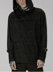 Punk Black Ripped Knit Mesh Surface Splicing Detachable Ring Sleeve Webbing Hooded T-Shirt Male