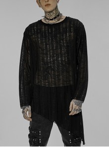 Punk Asymmetric Hem Stretch Mesh Knit Perspective Round Neck Long Sleeve T-Shirt Male