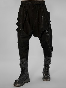 Punk Post-Apocalyptic Ruched Tied Rope Detachable Side Metal Webbing Black Loose Long Pants Male