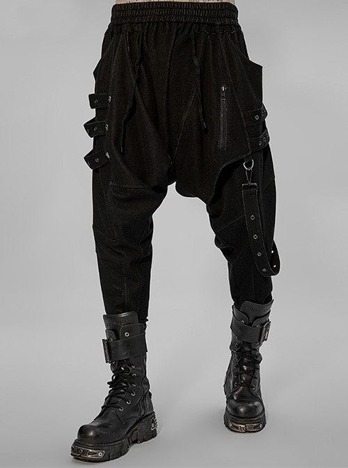 Punk Post-Apocalyptic Ruched Tied Rope Detachable Side Metal Webbing Black Loose Long Pants Male