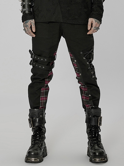 Asymmetric Hardware Decoration Frenulum Lattice Stitching Detachable Webbing Leg Ring Punk Black-Red Long Pants Male