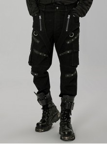 Punk Black Symmetric Multi Pocket Metal Zipper Decoration Webbing Stretch Long Pants Male