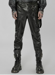 Men Punk Detachable Metal Side Straps Simple Handsome Leather Black Long Pants