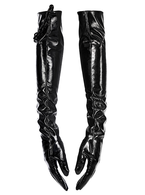 Punk Black Minimalistic Stretch Detachable Chain Patent Leather Warm Gloves