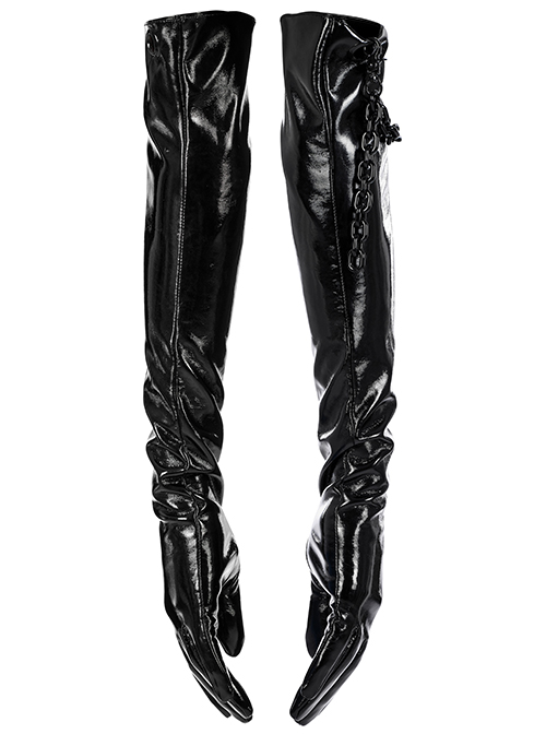 Punk Black Minimalistic Stretch Detachable Chain Patent Leather Warm Gloves