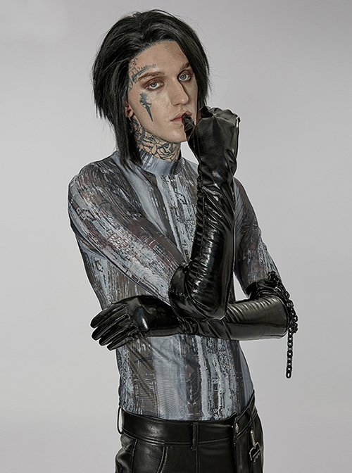 Punk Black Minimalistic Stretch Detachable Chain Patent Leather Warm Gloves