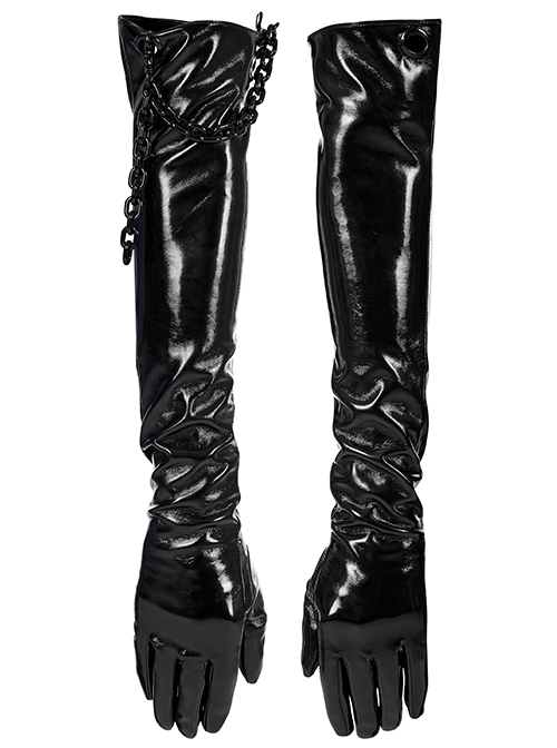 Punk Black Minimalistic Stretch Detachable Chain Patent Leather Warm Gloves
