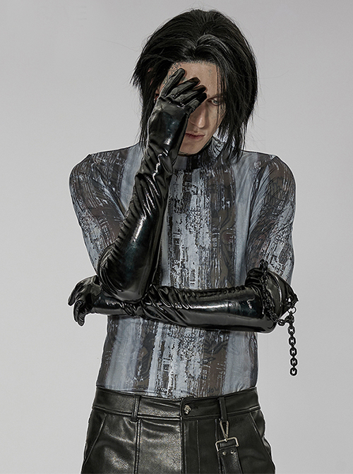 Punk Black Minimalistic Stretch Detachable Chain Patent Leather Warm Gloves