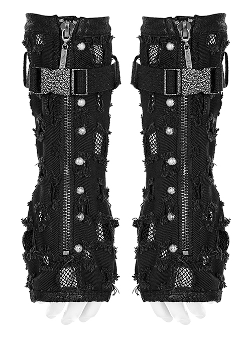 Punk Tattered Wind Splicing Twill Detachable Metal Buckle Black Zippered Fingerless Gloves Male