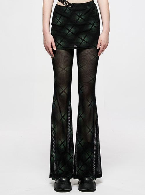 Punk Retro Hollow Side Waist Perspective Sexy Hot Girl Black-Green Plaid Print Flared Hakama Female