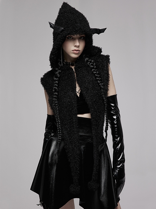 Punk Sharp corner Bat Plush Black Hooded Cape Scarf Female