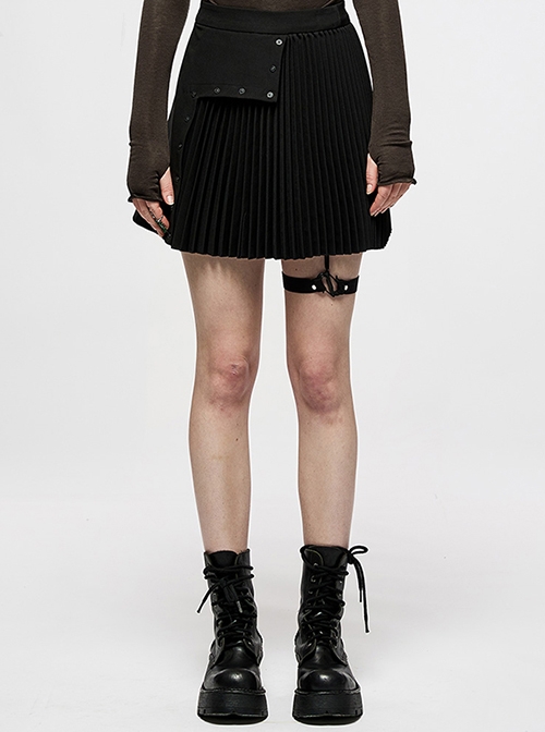 Punk Versatile A-Line Version Asymmetrical Removable Leg Rings Black Pleated Skirt Women