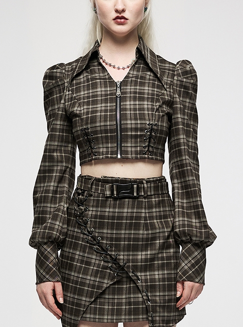 Punk College Style Stand Collar Frenulum Puff Sleeves Age-Reducing Brown Plaid Coat Women