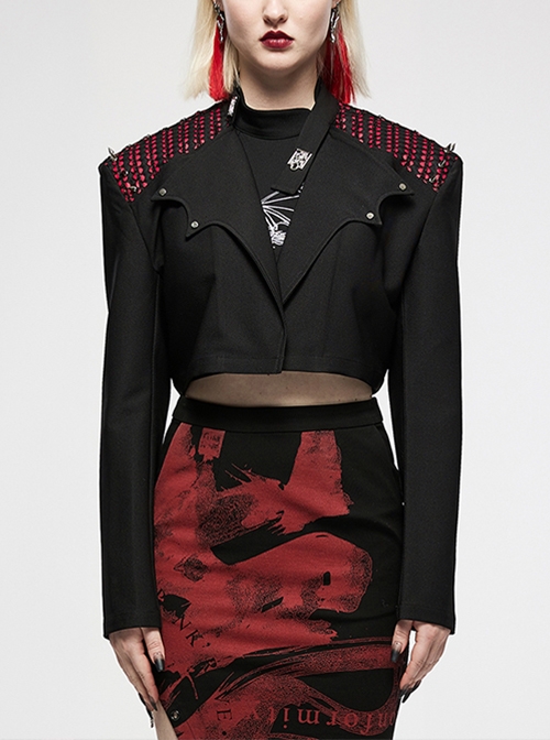 Chinese Style Dragon Wing Irregular Lapel Wide Shoulder Stitching Design Punk Black Red Handsome Short Coat Women