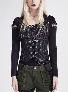 Punk Stripe Leather Splicing Metal Buttons Lace Up Cross Decoration Black Tunic Waistcoat Female