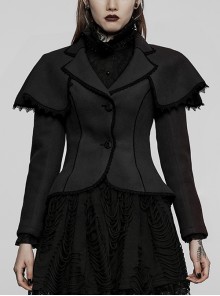 Gothic Lapel Irregular Hem Rose Flower Lace Frenulum Shawl Design Black Woolen Short Coat Female