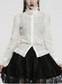 Stand Collar Three-Dimensional Lace Dark Pattern Print Lace-Up Adjustable Puff Sleeves Pleated White Punk Shirt Female