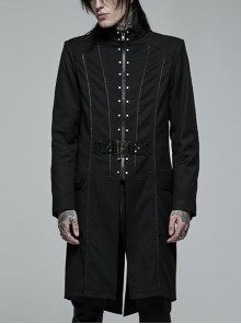 Stand Collar Skeleton Embroidery Frenulum Metal Rivet Zippe Black Punk Slim Fit Mid-Length Coat Male
