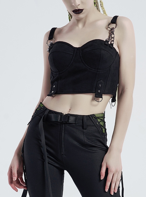 Personality Metal Splicing Shoulder Strap Sexy Chamois Frenulum Punk Rock Black Suspender Top Female