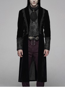 Goth Slim Velour Jacquard Splicing Fake Two-Piece Design Lace Decoration Frenulum Black Coat Male