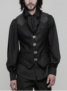 Steampunk Twill Print Metal Button Splicing Black Sleeveless Vest Male