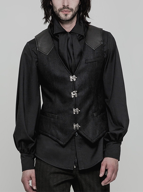 Steampunk Twill Print Metal Button Splicing Black Sleeveless Vest Male