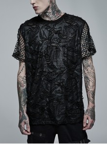 Punk All-Match Irregular Ripped Mesh Stitching Stretch Loose Black Knit Short-Sleeved T-Shirt Male