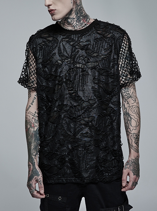 Punk All-Match Irregular Ripped Mesh Stitching Stretch Loose Black Knit Short-Sleeved T-Shirt Male