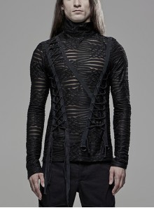 High Neck Side Button Perspective Matte Print Asymmetric Lace-Up Knit Punk Black Long Sleeve T-Shirt Male
