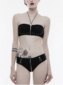 Punk Black Individuality Metal Decoration Sexy Halterneck Spaghetti Straps Stretch Swimsuit Female