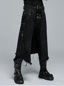 Gothic Dark Print Asymmetric Metal Decorative Leather Webbing Adjustable Waistband Frayed Black Punk Half Skirt Male