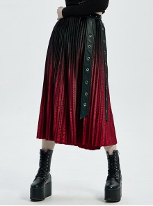 Punk Metal Nails Metal Chain Decoration Red Black Gradient Velvet-Pressed Pleated Long Skirt Female