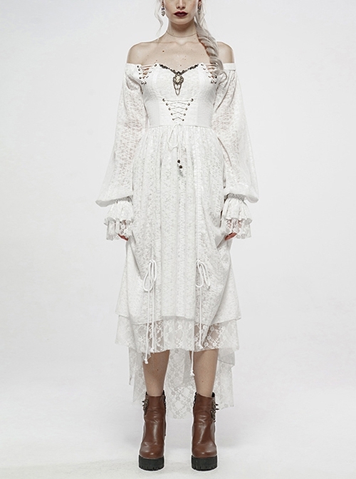 Day Of Victory One Word Collar Lace Lantern Sleeve Ruffle Vintage Pattern Metal Decoration Punk White Dresses Female