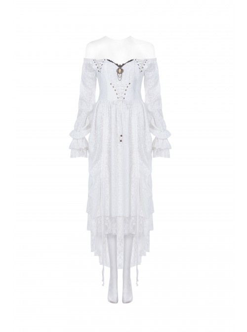 Day Of Victory One Word Collar Lace Lantern Sleeve Ruffle Vintage Pattern Metal Decoration Punk White Dresses Female