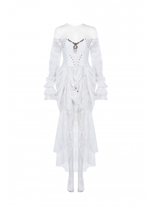 Day Of Victory One Word Collar Lace Lantern Sleeve Ruffle Vintage Pattern Metal Decoration Punk White Dresses Female