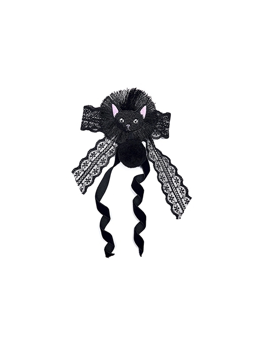 Black Lolita Cute Girly Lace Lace Bow Embroidery Cat Duckbill Clip Bow Tie