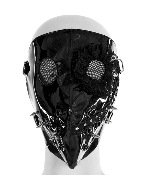 Gothic Black Patent Leather Asymmetric Lace Metal Studs Decorative Punk Mask