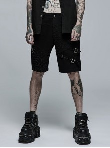 Punk Versatile Cowboy Hole Splicing Metal Webbing Decoration Black Shorts Male