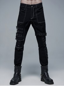 Twill White Line Division Multi-Pocket Metal Decoration Detachable Leg Loops Punk Black Straight Pants Male