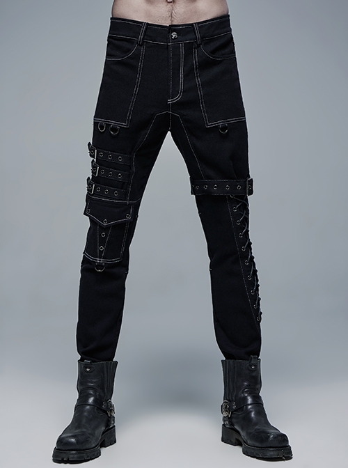 Twill White Line Division Multi-Pocket Metal Decoration Detachable Leg Loops Punk Black Straight Pants Male