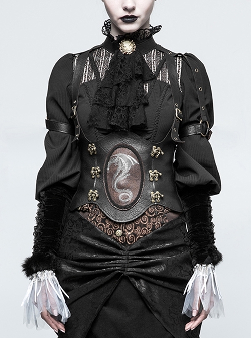 Steampunk Rough Leather Western Dragon Printing Metal Buckle Decoration Frenulum Coffee Color Corset Female