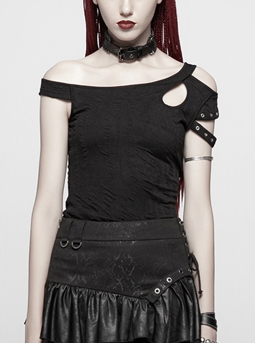 Punk All-Match One-Shoulder One-Side Hollow Stretch Black Short-Sleeved Slim Fit T-Shirt Female