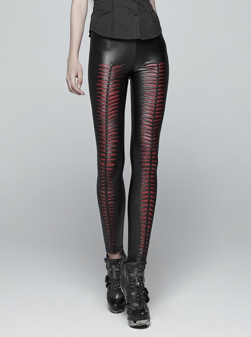 Gothic Stretch Ripped Black And Red Devil'S Footprint Drawstring Leggings Female