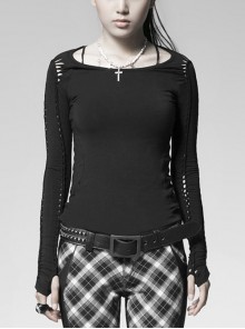 Punk Crew Neck Versatile Basic Arm Hollow Woven Twist Black Long Sleeve T-Shirt Female