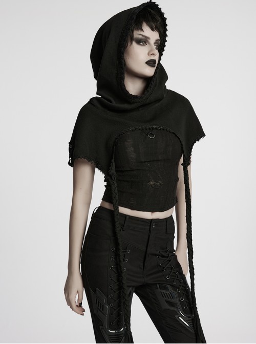 Lace Weave Pigtails Rough Selvedge Hem Black Punk Hooded Short Cloak Female