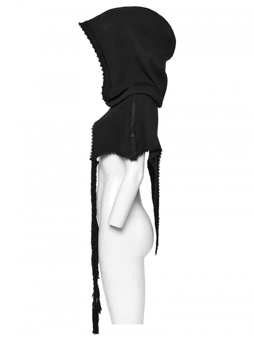 Lace Weave Pigtails Rough Selvedge Hem Black Punk Hooded Short Cloak Female