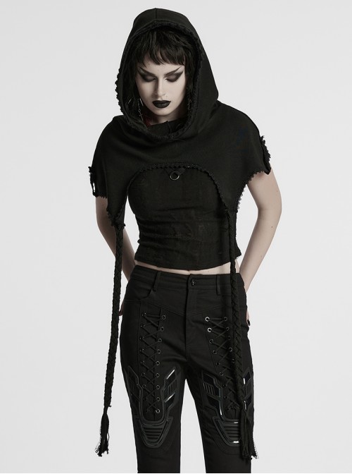 Lace Weave Pigtails Rough Selvedge Hem Black Punk Hooded Short Cloak Female