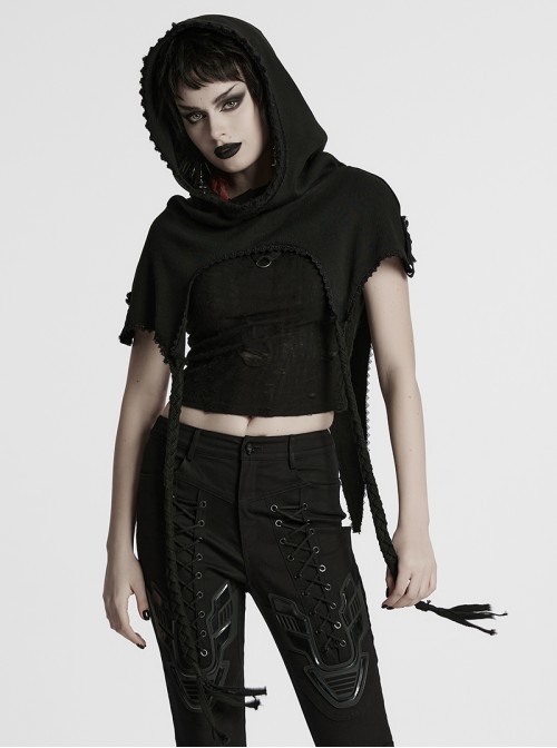 Lace Weave Pigtails Rough Selvedge Hem Black Punk Hooded Short Cloak Female
