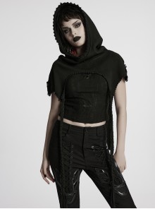 Lace Weave Pigtails Rough Selvedge Hem Black Punk Hooded Short Cloak Female