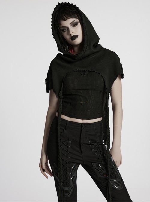 Lace Weave Pigtails Rough Selvedge Hem Black Punk Hooded Short Cloak Female